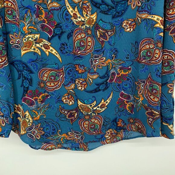 NY Collection Top Blue Floral Print Zip V Neck Roll Tab Sleeve - Picture 10 of 11